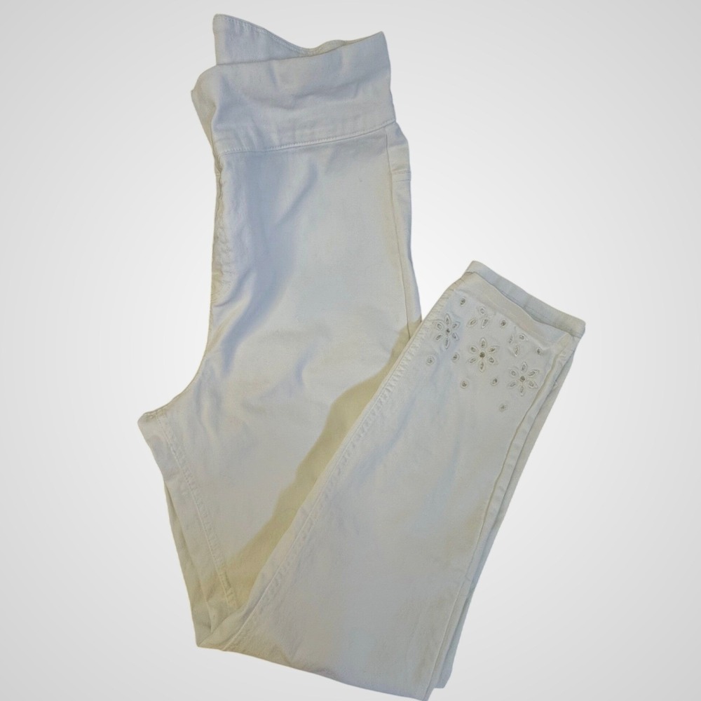 Hue Womens White Denim Leggings Floral Eyelet Rhinestone Ankle Jeggings Size M